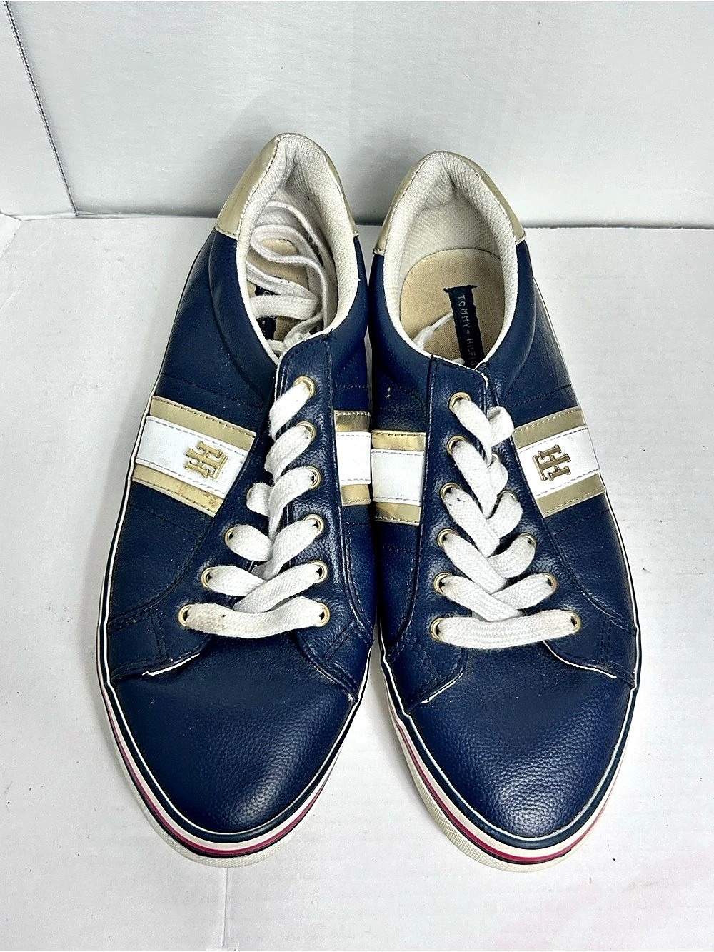 Tommy Hilfiger Color Block Leather Sneakers in Blue & White